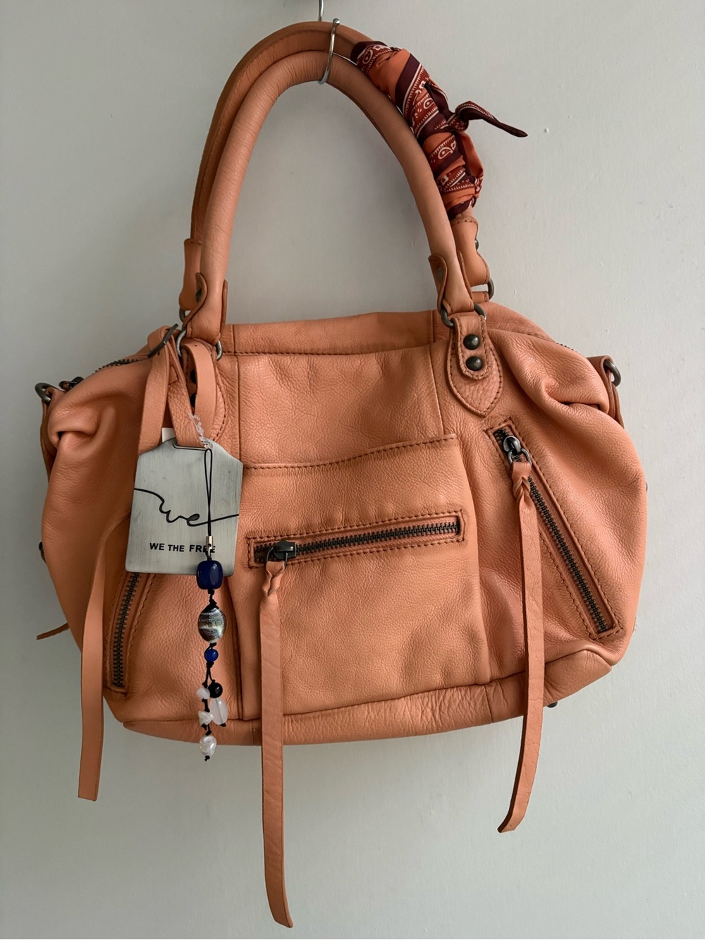 We The Free Peach Leather Satchel with Scarf Detail
